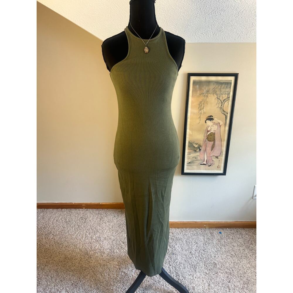Old Navy Ribbed Knit Racerback Tank Maxi Dress High Neck Slit Fitted Small Green